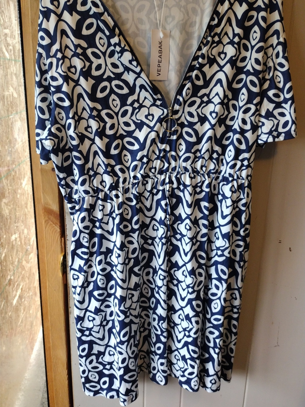 Navy and White Printed V-Neck Women's Dress